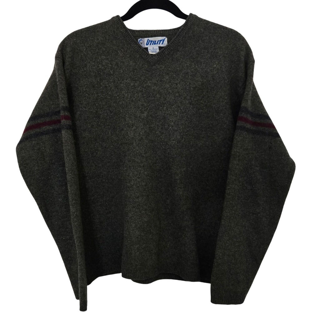 VTG‎ Utility Mens Sweater Medium Green Lambswool V Neck Made In Australia Flaw